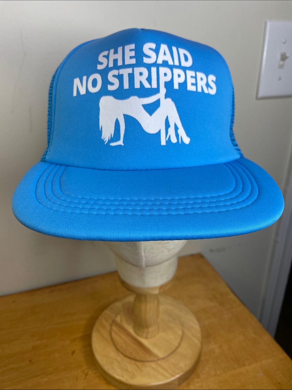 Blue Trucker Hat with "She Said No Strippers" Graphic